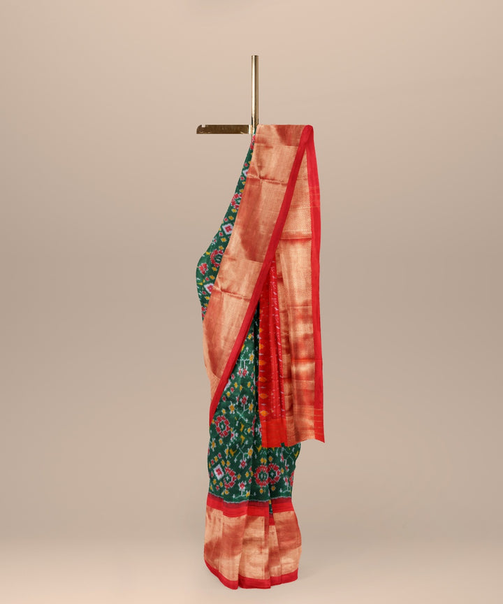 Light green crimson red handwoven pochampally ikat silk saree