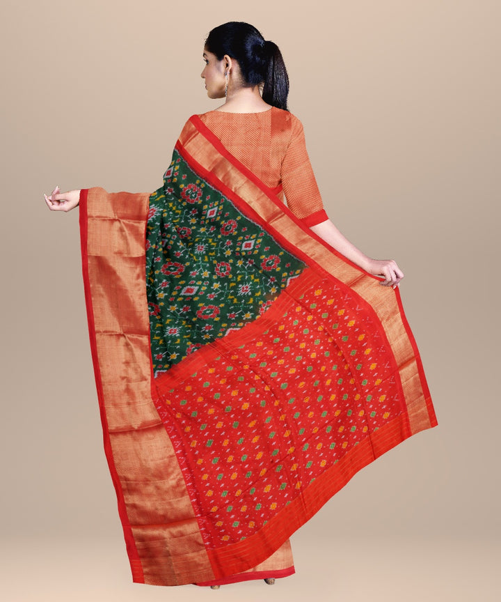 Light green crimson red handwoven pochampally ikat silk saree