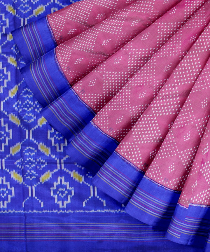 Light pink egyptian blue handwoven pochampally ikat silk saree