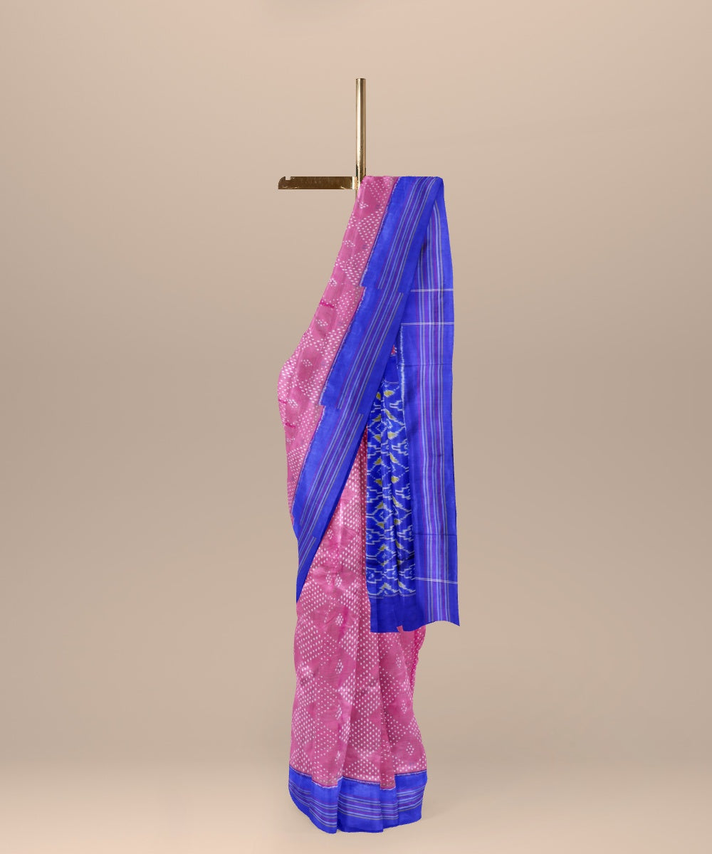 Light pink egyptian blue handwoven pochampally ikat silk saree