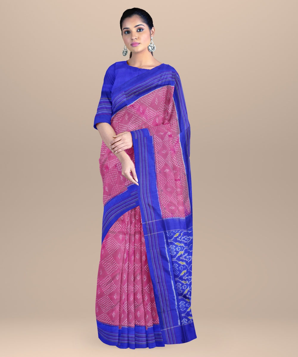 Light pink egyptian blue handwoven pochampally ikat silk saree