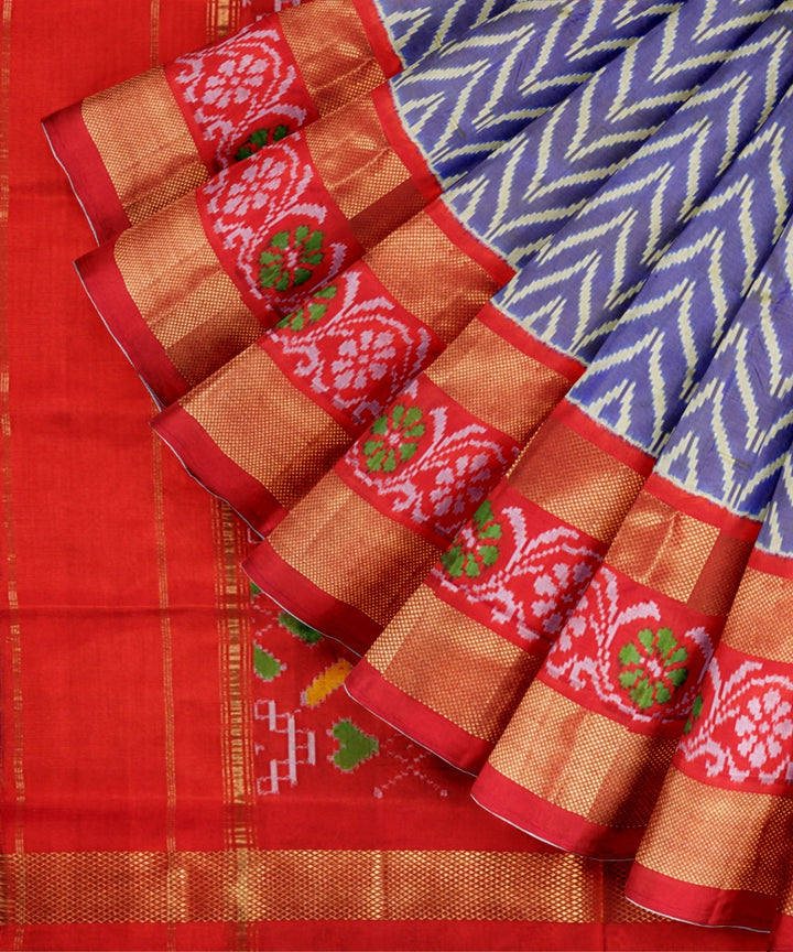 Blue gray neon red handwoven pochampally ikat silk saree