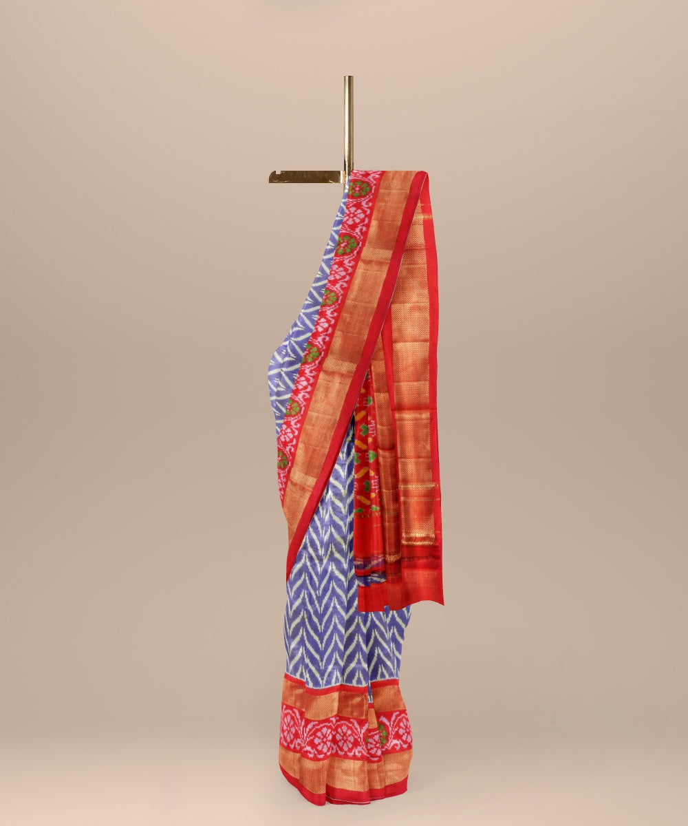 Blue gray neon red handwoven pochampally ikat silk saree