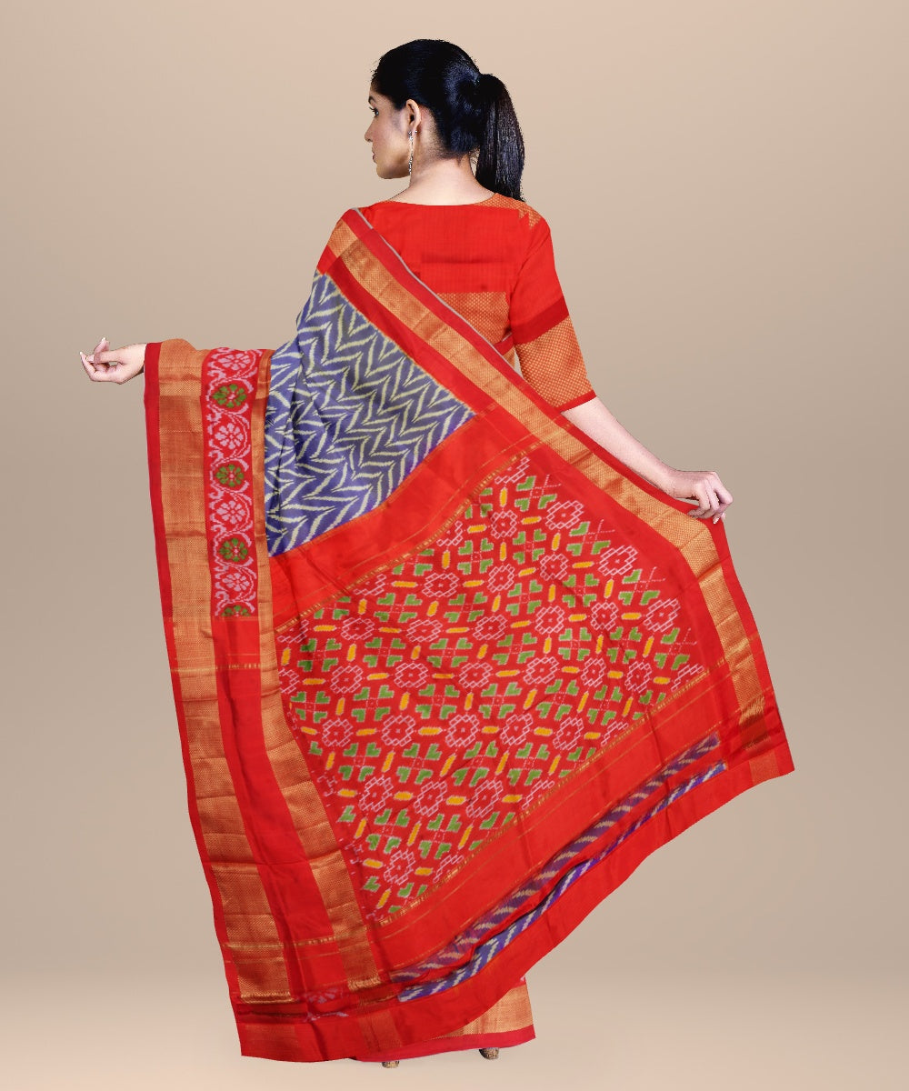 Blue gray neon red handwoven pochampally ikat silk saree