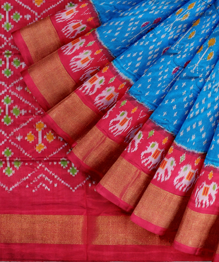 Bright blue ruby red handwoven pochampally ikat silk saree