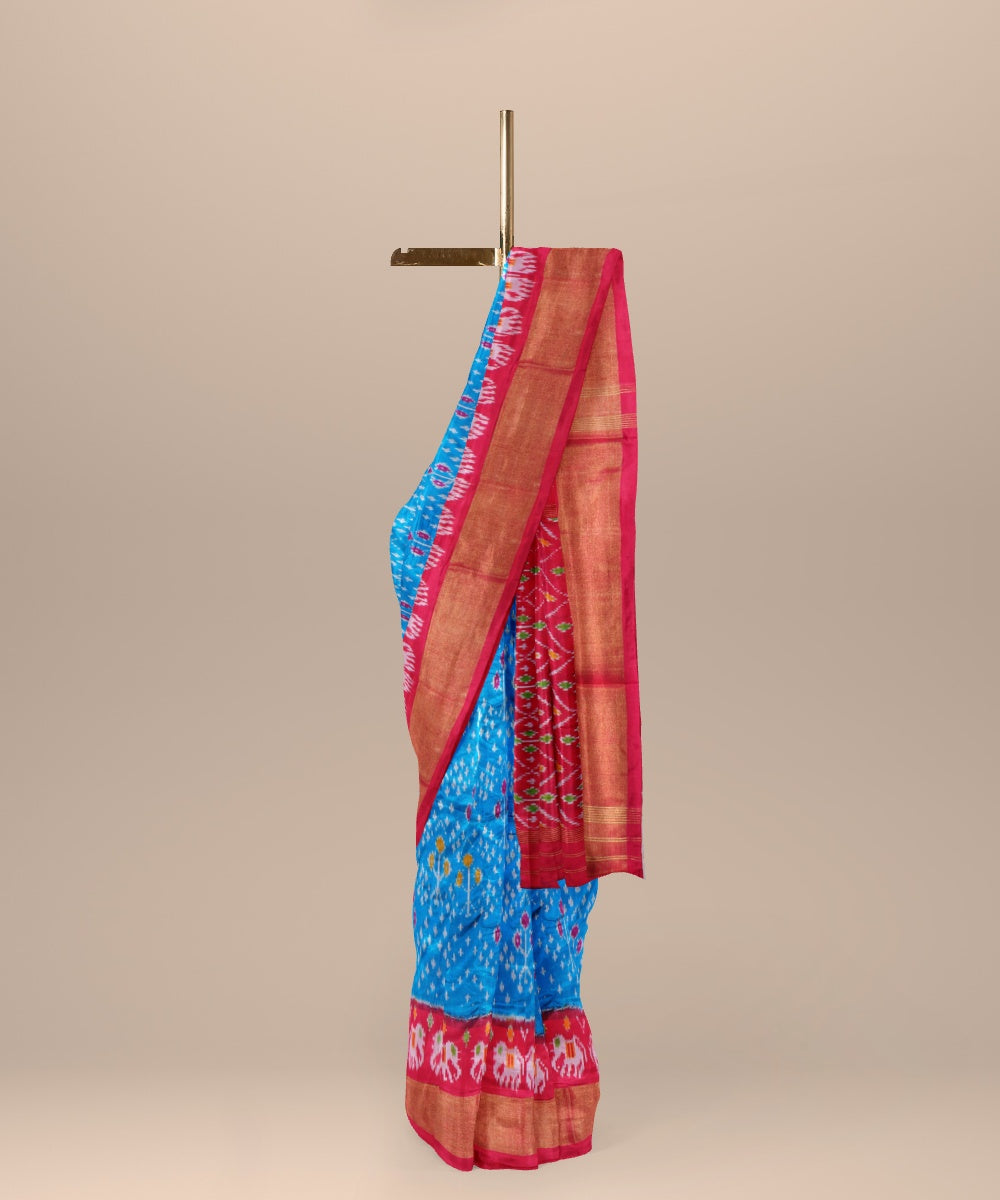 Bright blue ruby red handwoven pochampally ikat silk saree