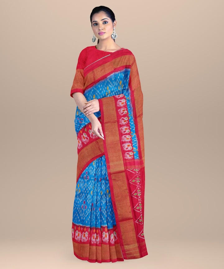 Bright blue ruby red handwoven pochampally ikat silk saree