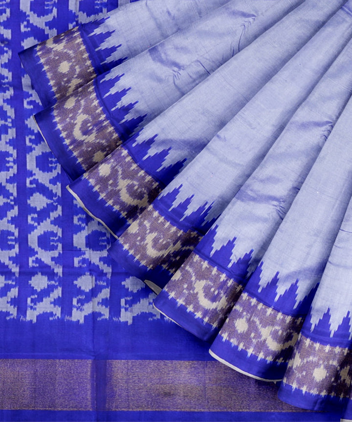 Grey egyptian blue handwoven pochampally ikat silk saree