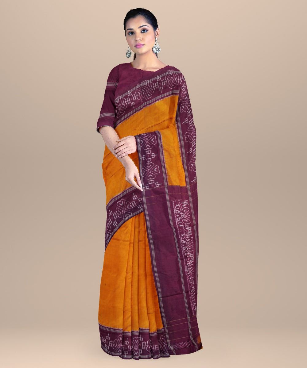 Yellow maroon handwoven pochampally ikat silk saree