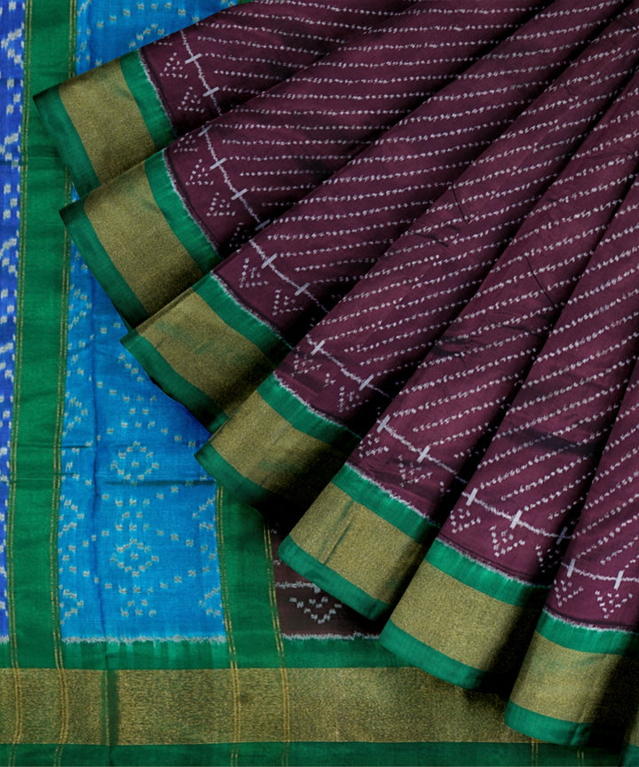 Wine maroon cyan blue handwoven pochampally ikat silk saree