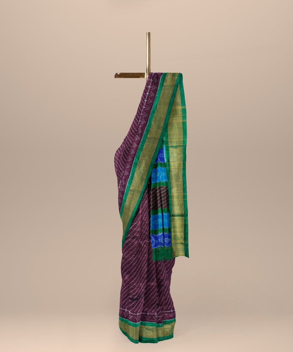 Wine maroon cyan blue handwoven pochampally ikat silk saree