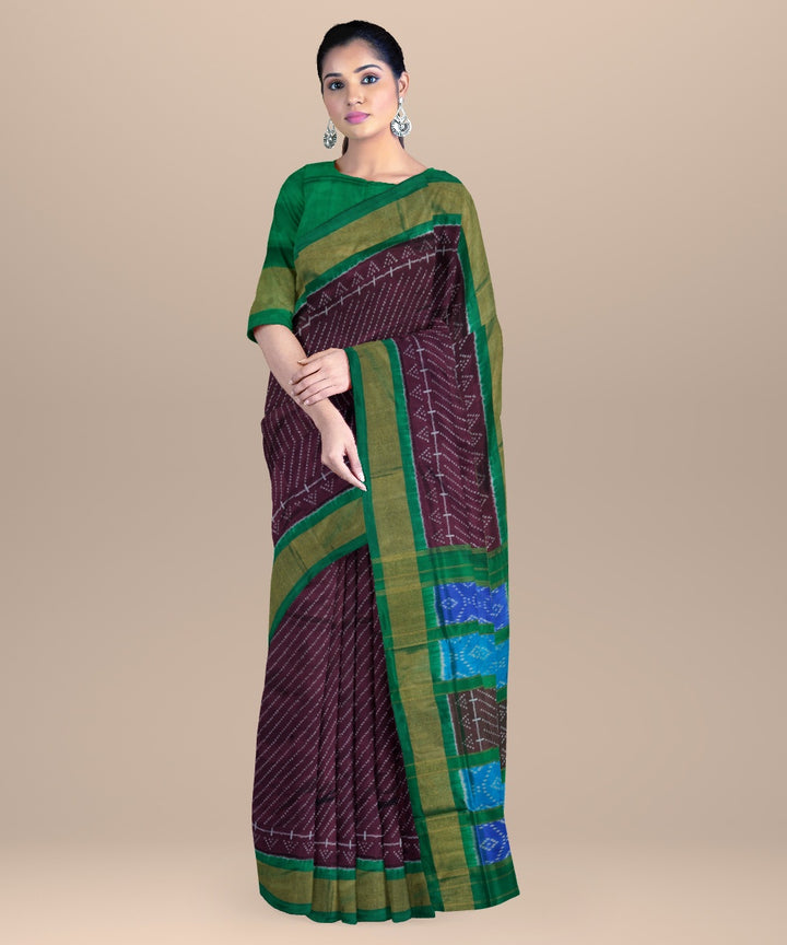 Wine maroon cyan blue handwoven pochampally ikat silk saree