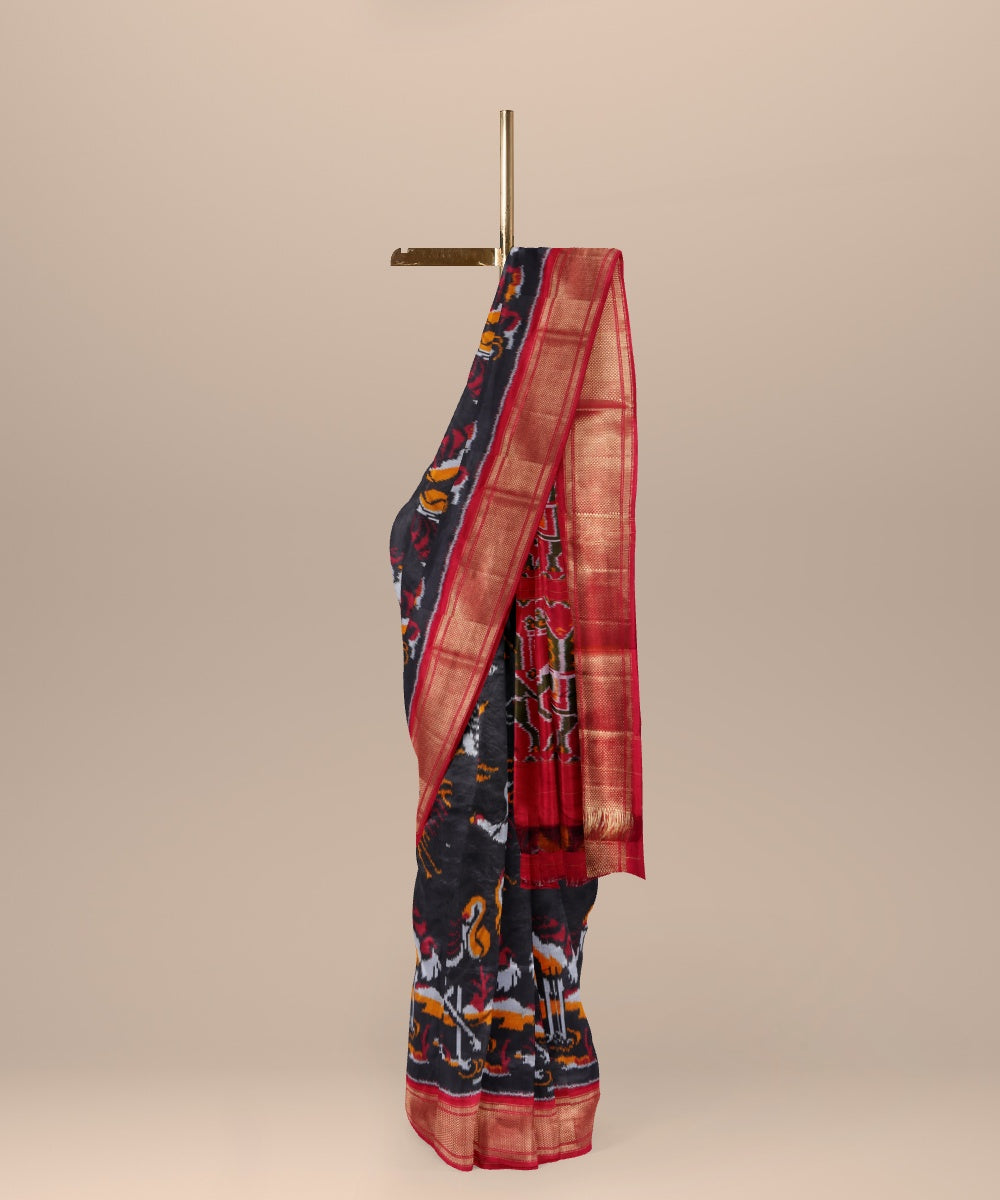 Black red handwoven pochampally ikat silk saree