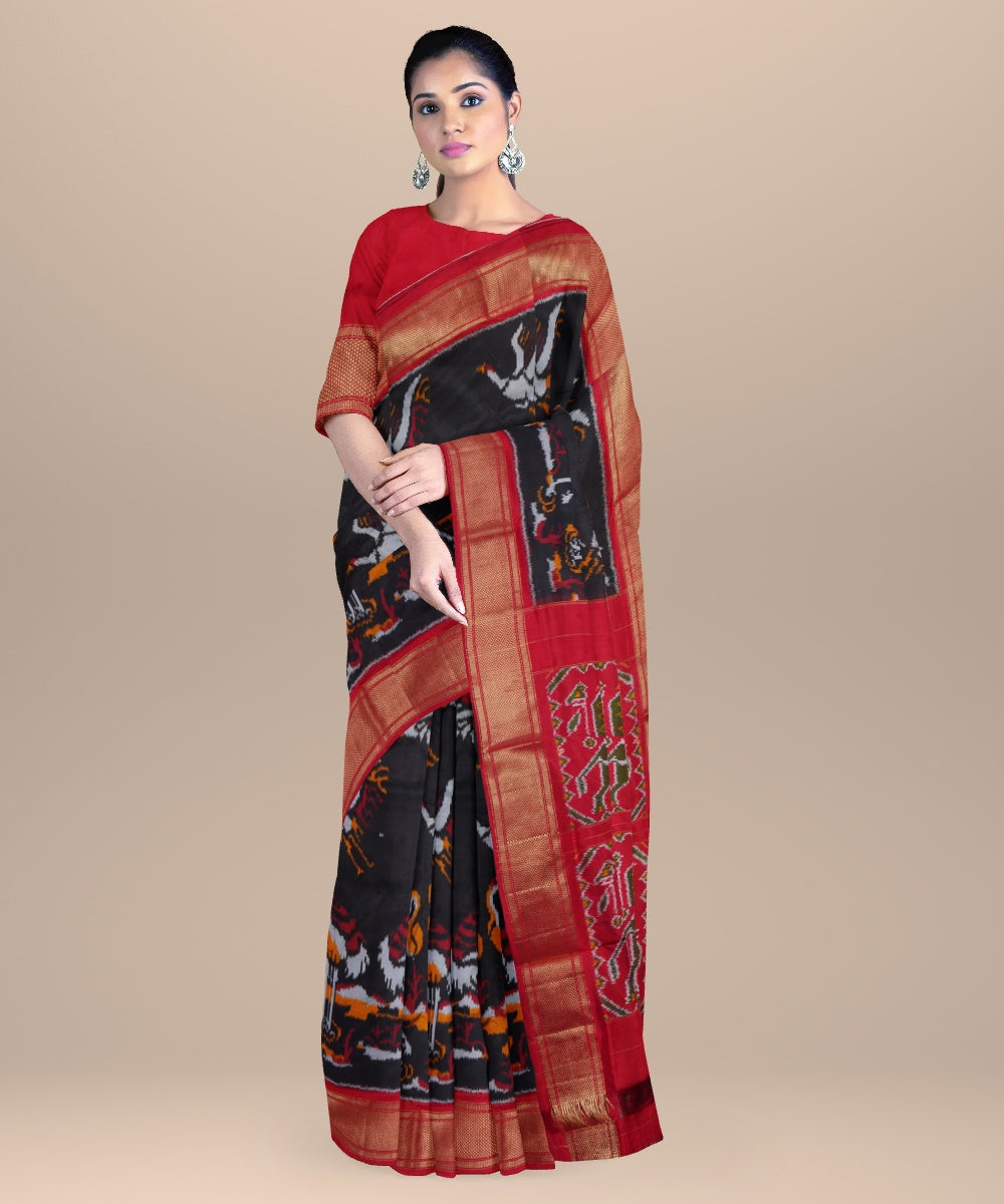 Black red handwoven pochampally ikat silk saree