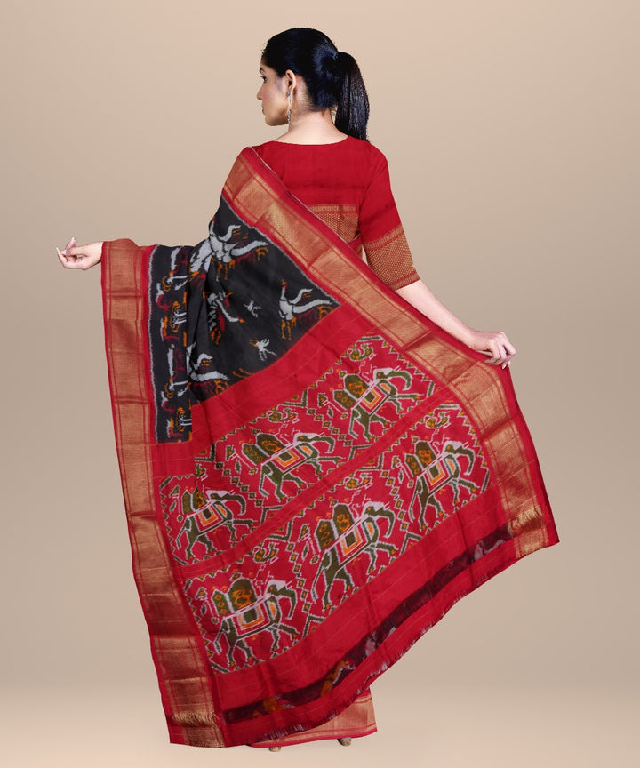 Black red handwoven pochampally ikat silk saree