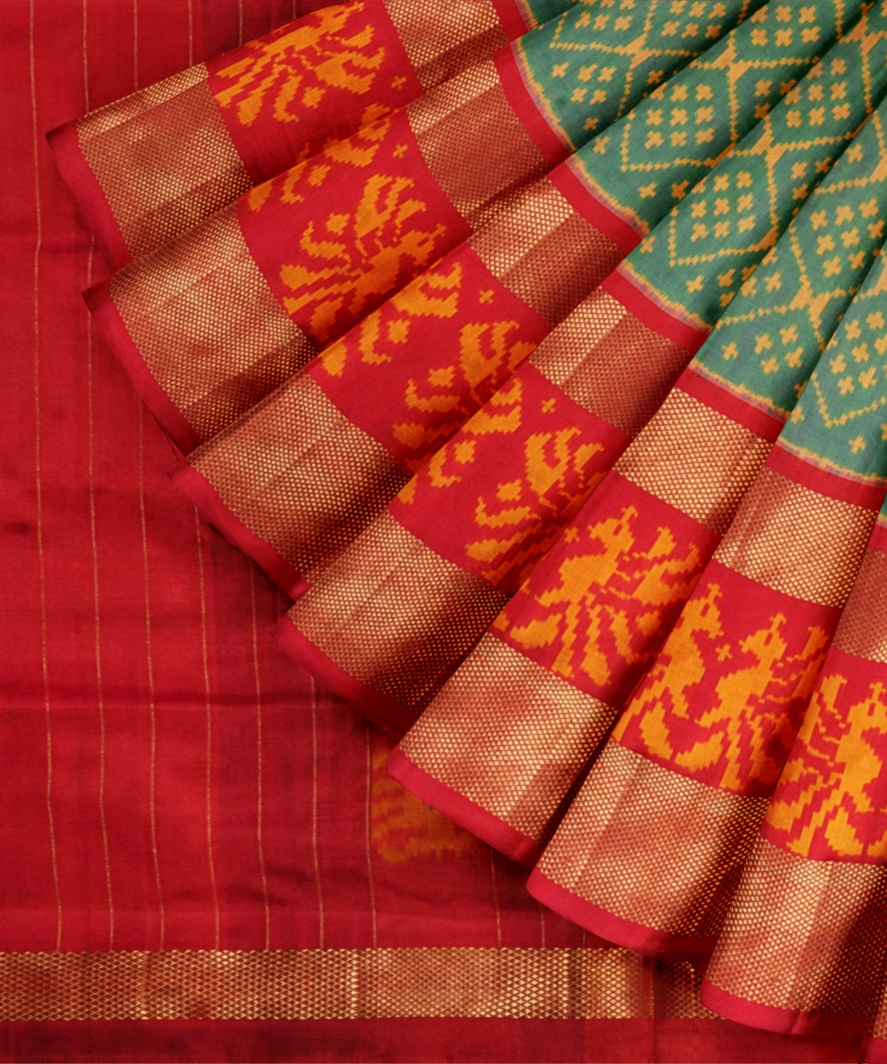 Light green yellow red handwoven pochampally ikat silk saree