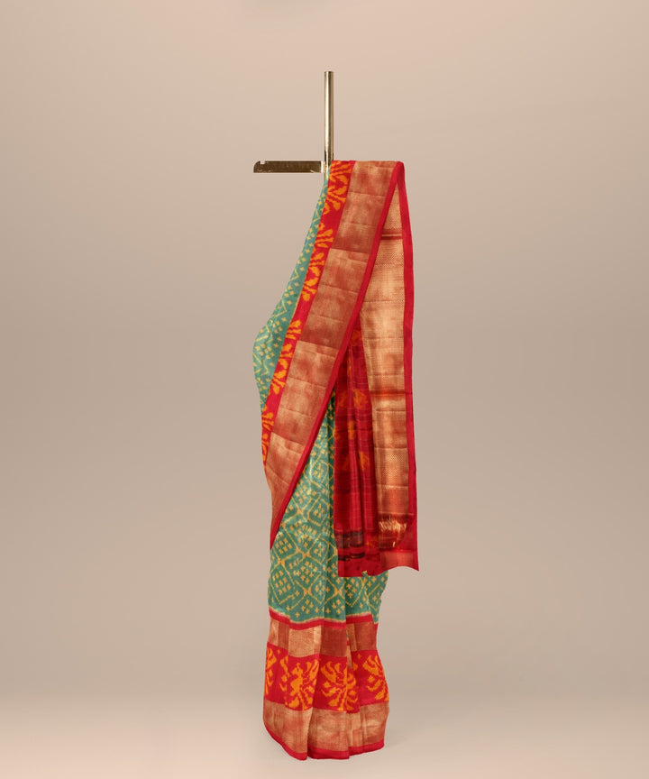 Light green yellow red handwoven pochampally ikat silk saree