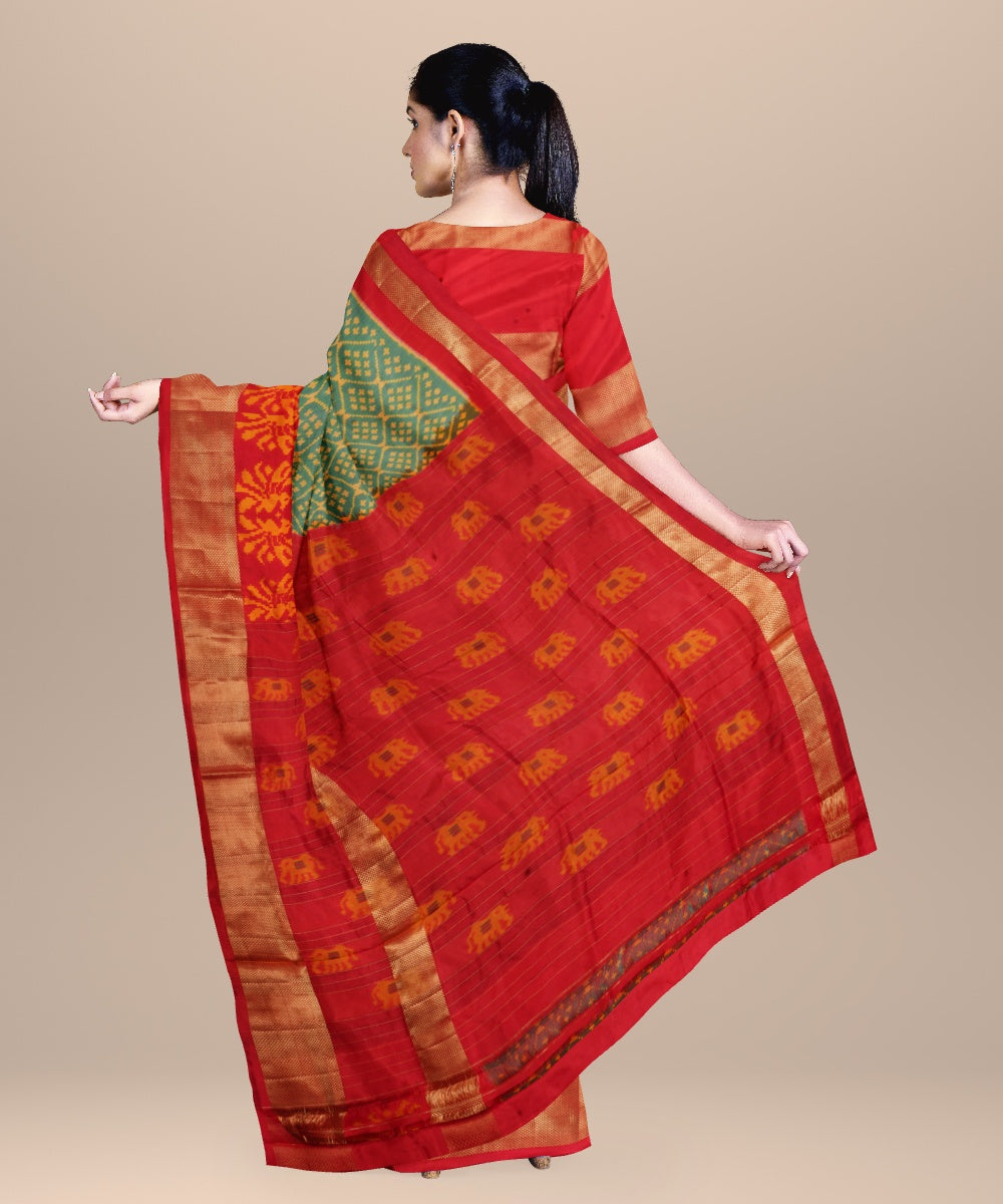 Light green yellow red handwoven pochampally ikat silk saree