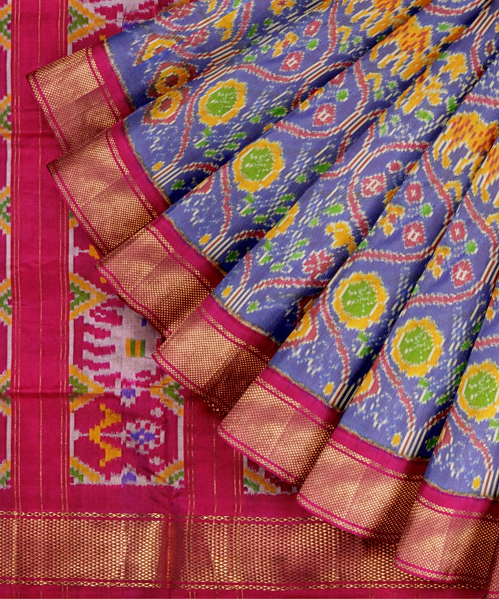 Glaucous blue pink handwoven pochampally ikat silk saree