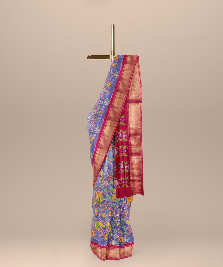 Glaucous blue pink handwoven pochampally ikat silk saree