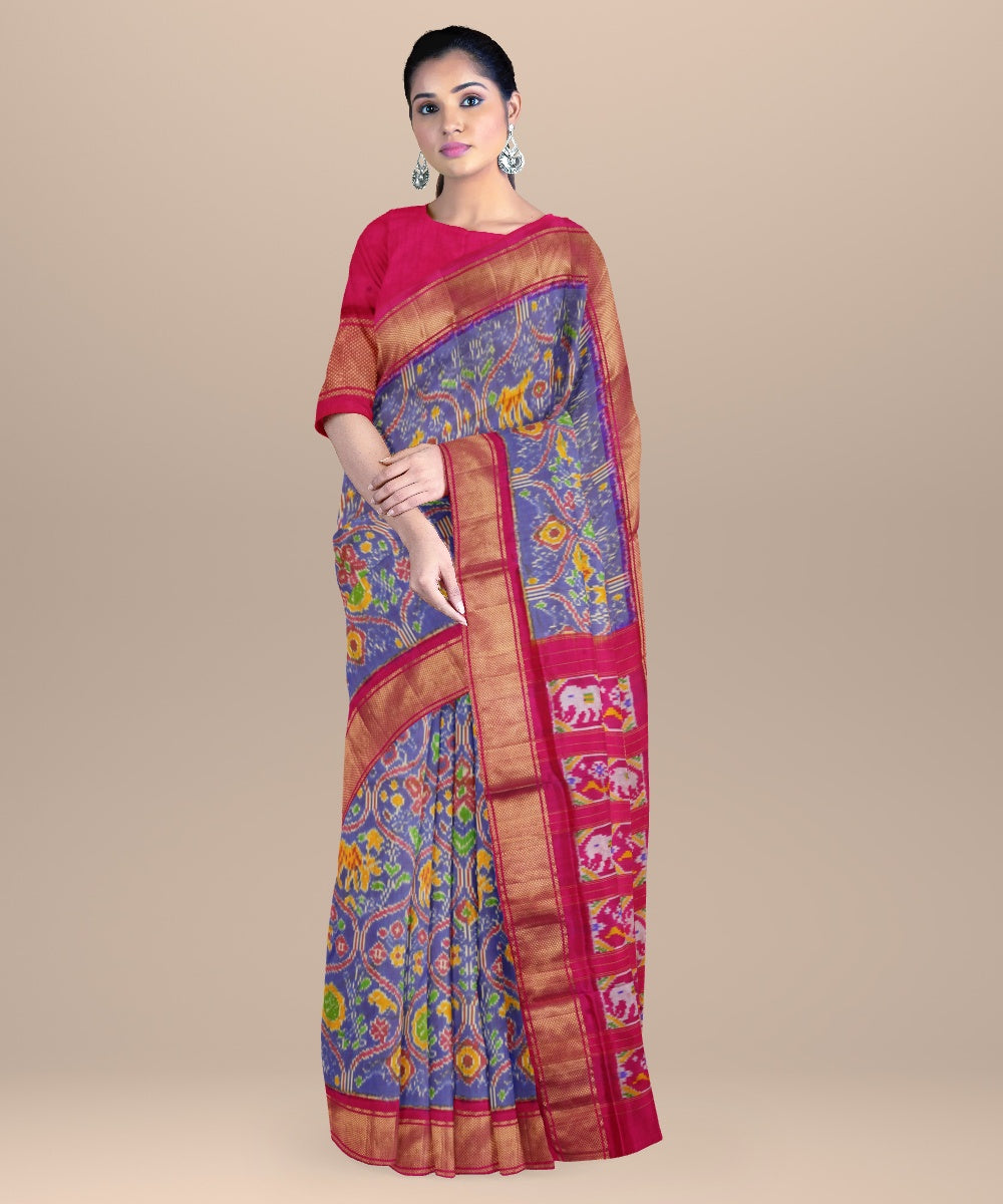 Glaucous blue pink handwoven pochampally ikat silk saree