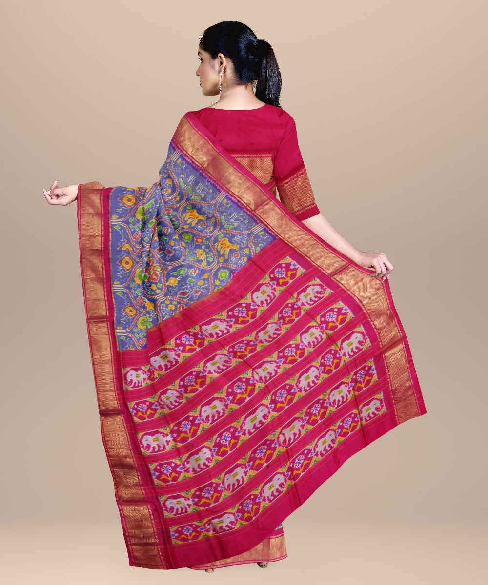 Glaucous blue pink handwoven pochampally ikat silk saree