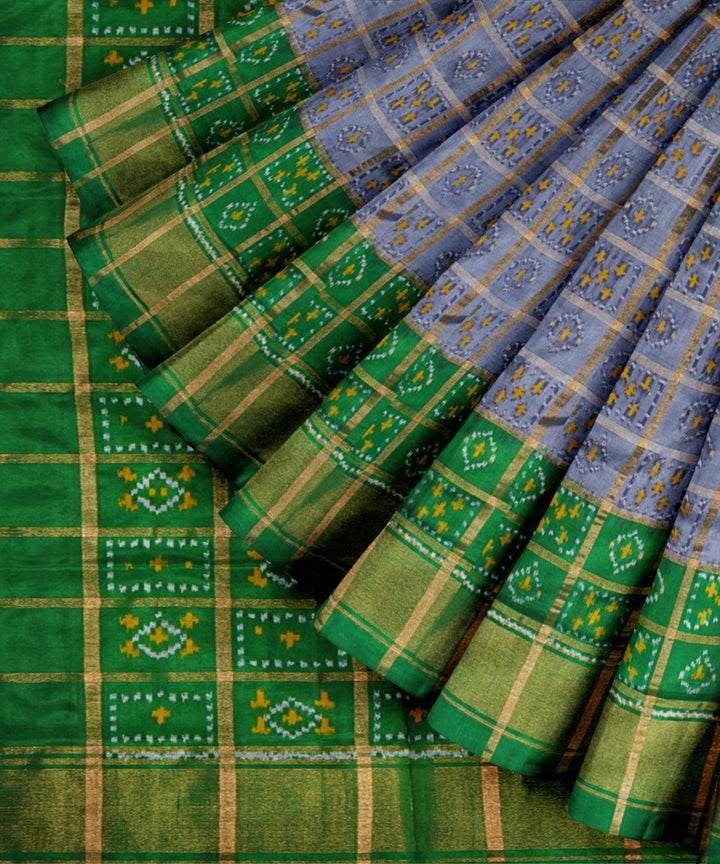 Grey forest green handwoven pochampally ikat silk saree