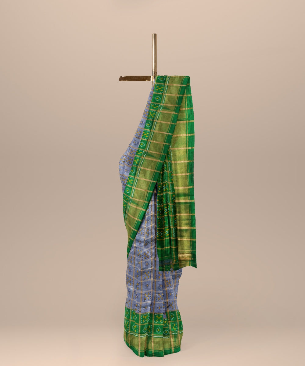 Grey forest green handwoven pochampally ikat silk saree