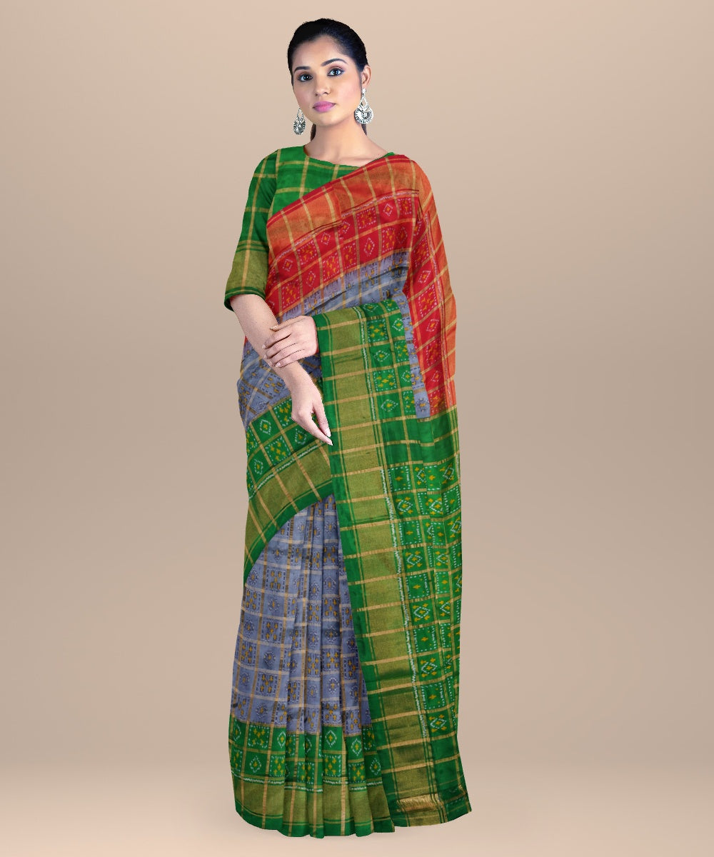 Grey forest green handwoven pochampally ikat silk saree