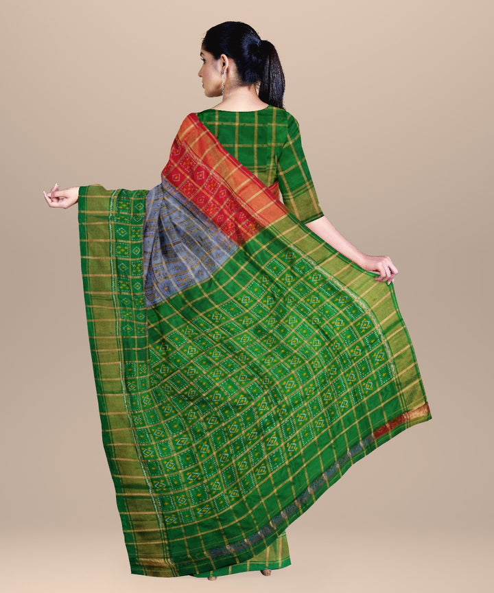 Grey forest green handwoven pochampally ikat silk saree