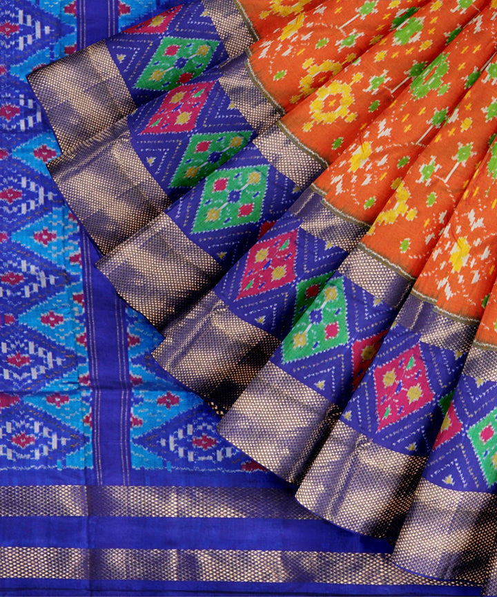 Orange cobalt blue handwoven pochampally ikat silk saree