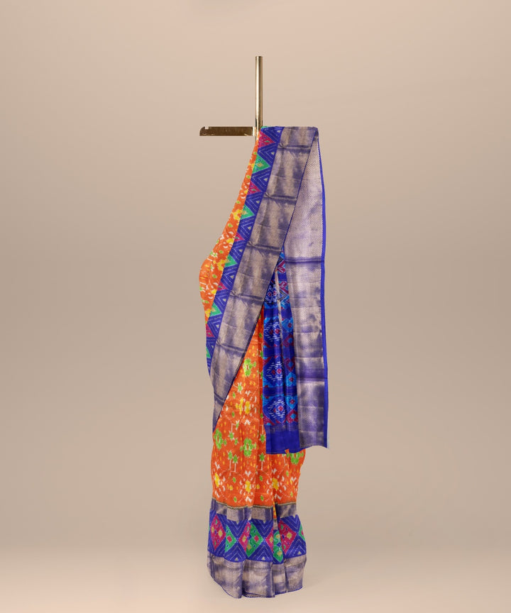 Orange cobalt blue handwoven pochampally ikat silk saree