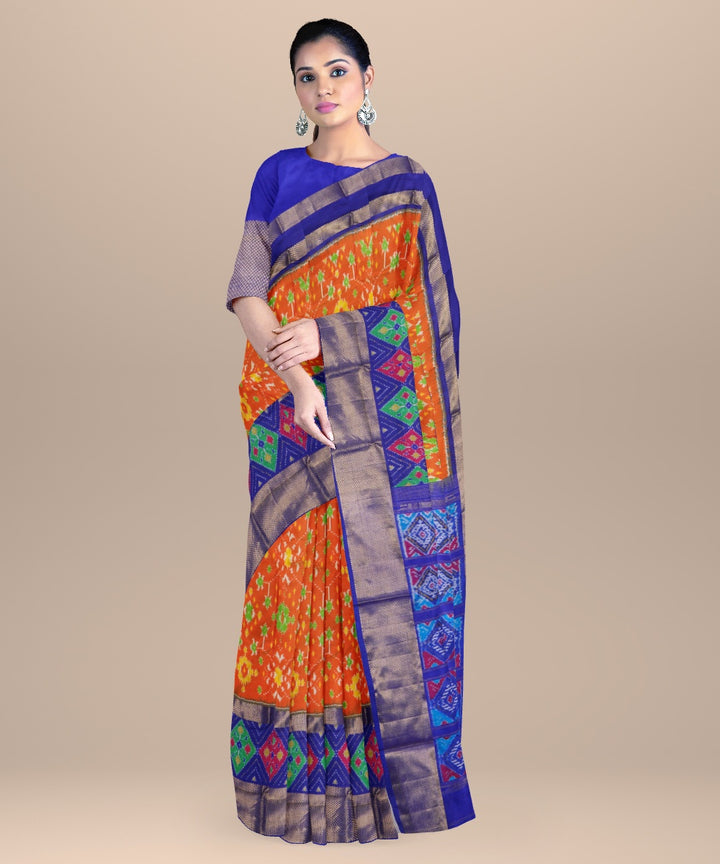 Orange cobalt blue handwoven pochampally ikat silk saree