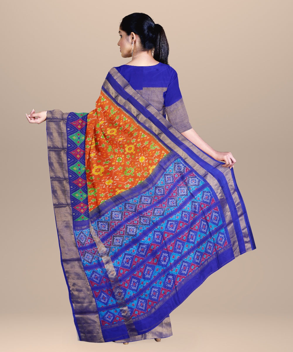 Orange cobalt blue handwoven pochampally ikat silk saree