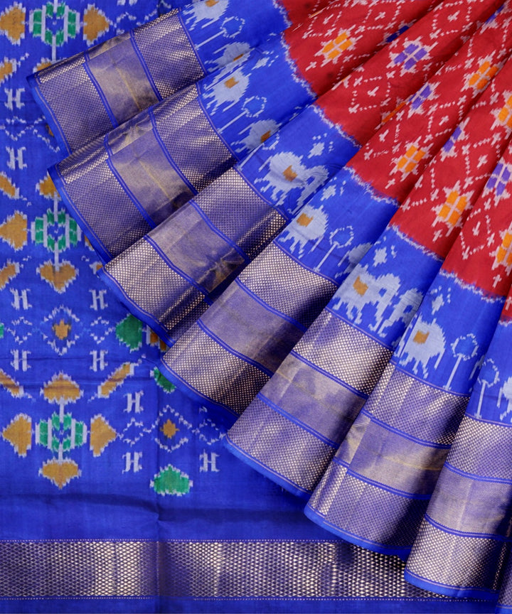 Red cobalt blue handwoven pochampally ikat silk saree