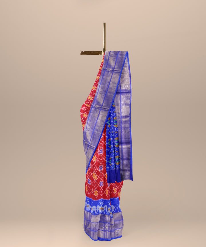 Red cobalt blue handwoven pochampally ikat silk saree