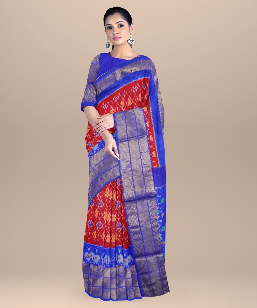 Red cobalt blue handwoven pochampally ikat silk saree