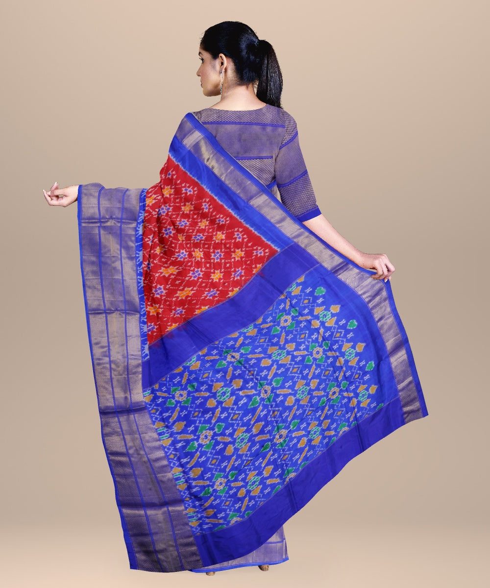 Red cobalt blue handwoven pochampally ikat silk saree