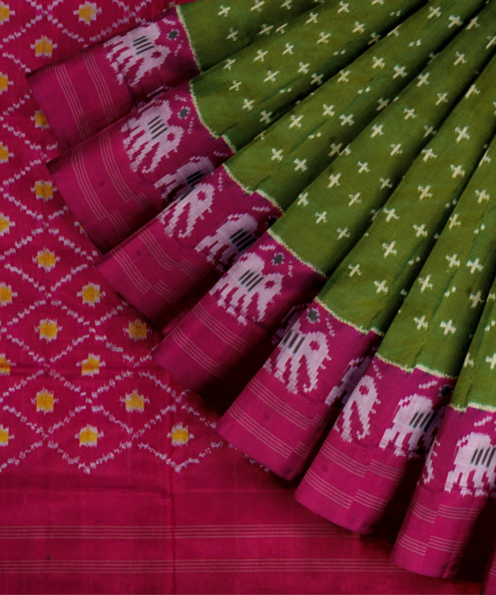 Fern green rose red handwoven pochampally ikat silk saree