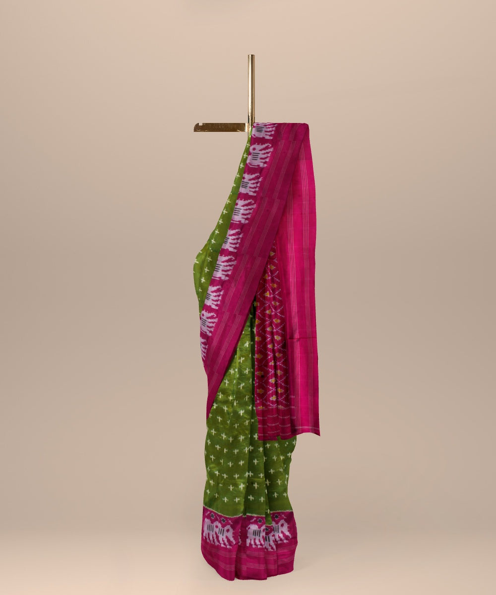 Fern green rose red handwoven pochampally ikat silk saree