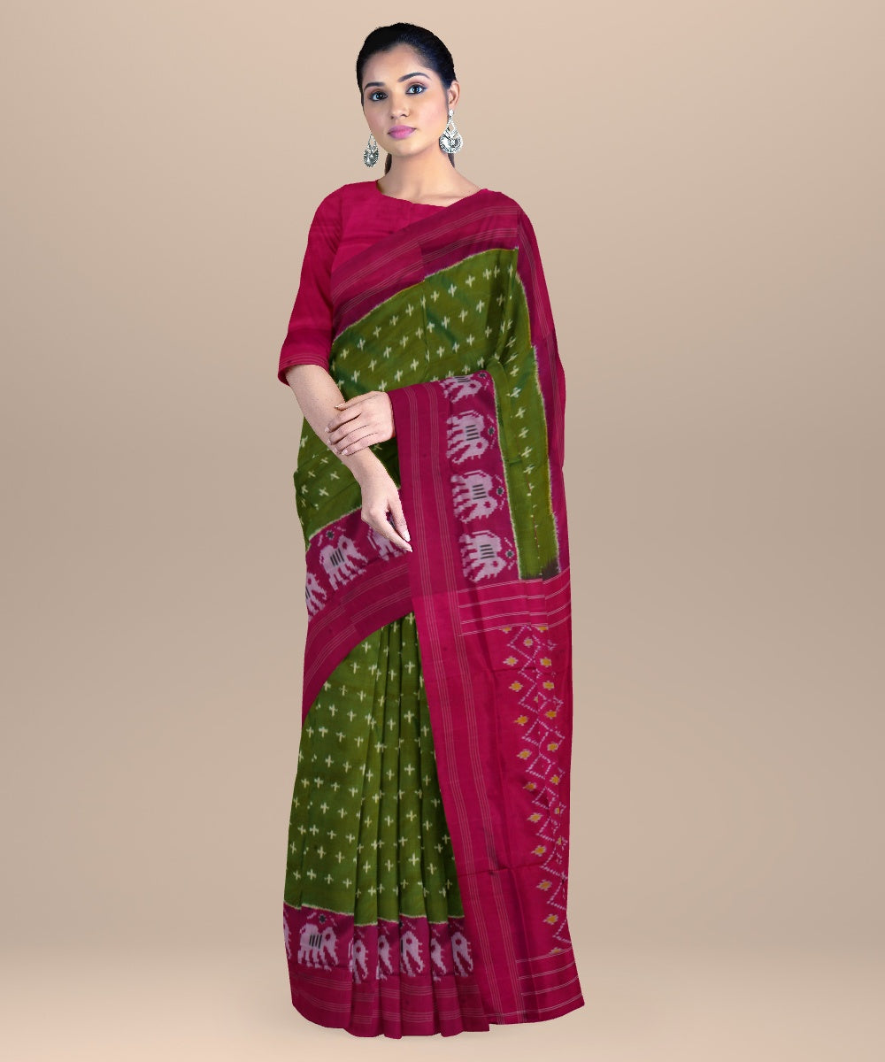 Fern green rose red handwoven pochampally ikat silk saree