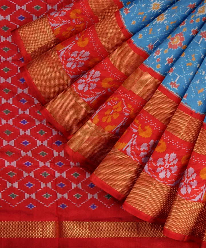 Bright blue red handwoven pochampally ikat silk saree