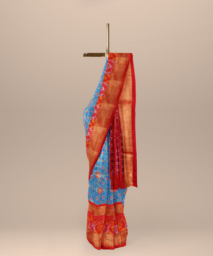 Bright blue red handwoven pochampally ikat silk saree