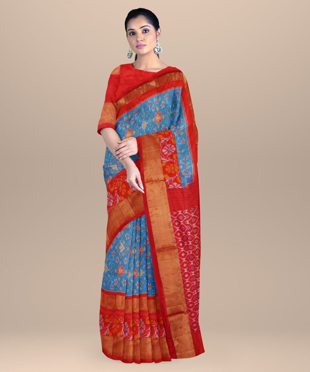 Bright blue red handwoven pochampally ikat silk saree