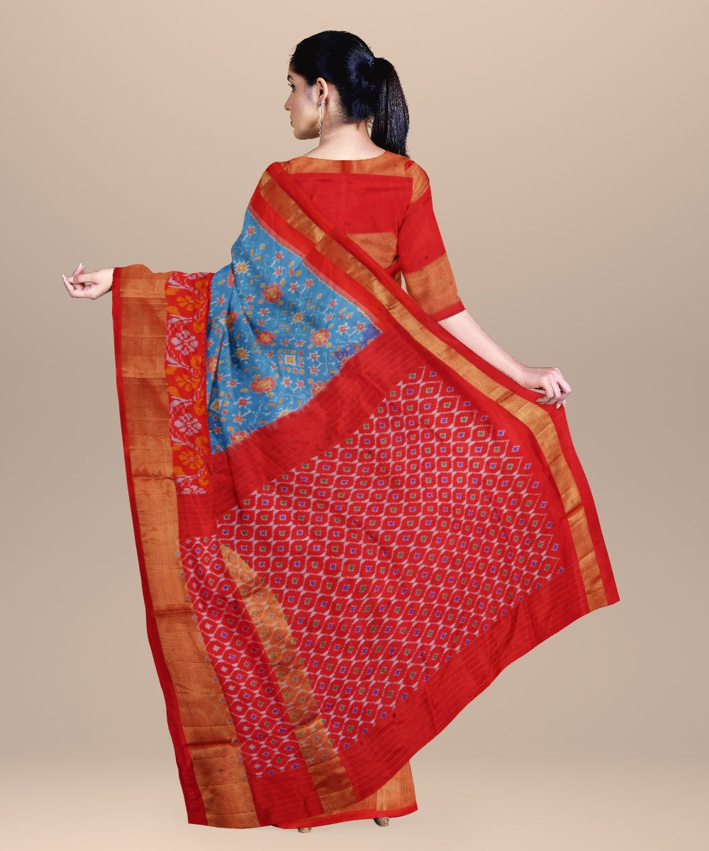 Bright blue red handwoven pochampally ikat silk saree