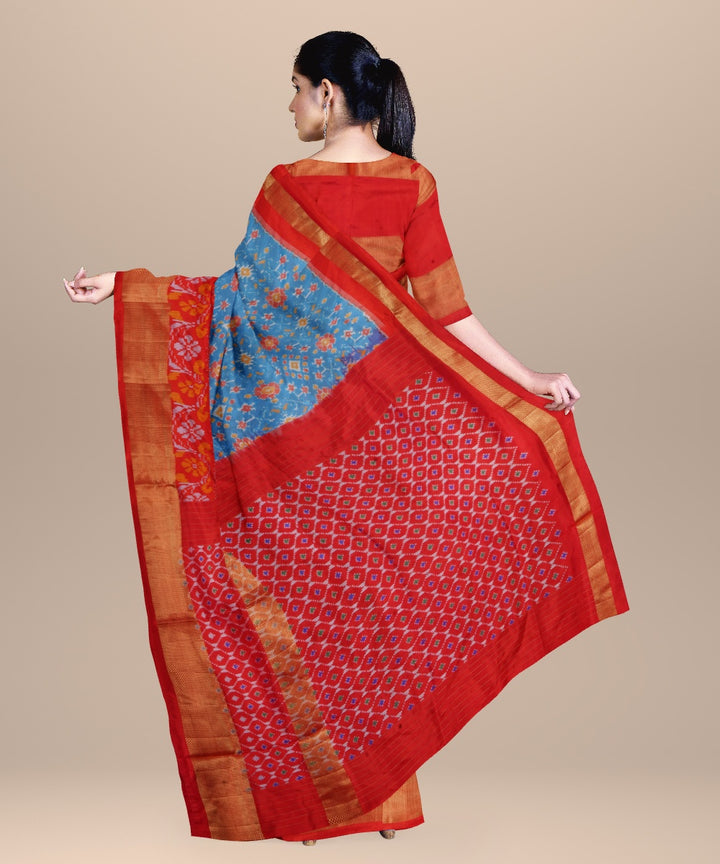 Bright blue red handwoven pochampally ikat silk saree