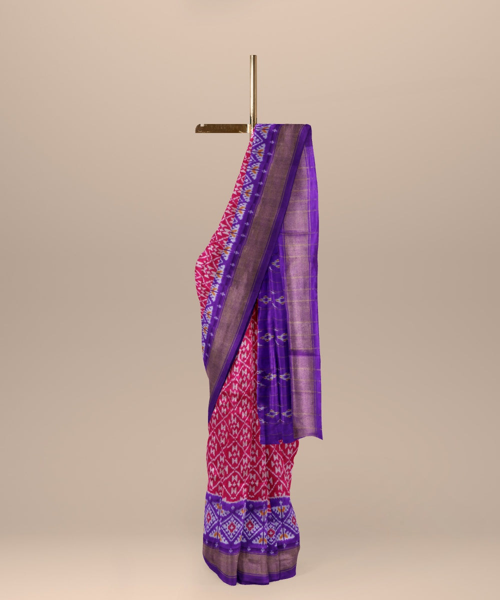 Red iris blue handwoven pochampally ikat silk saree