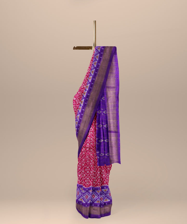 Red iris blue handwoven pochampally ikat silk saree