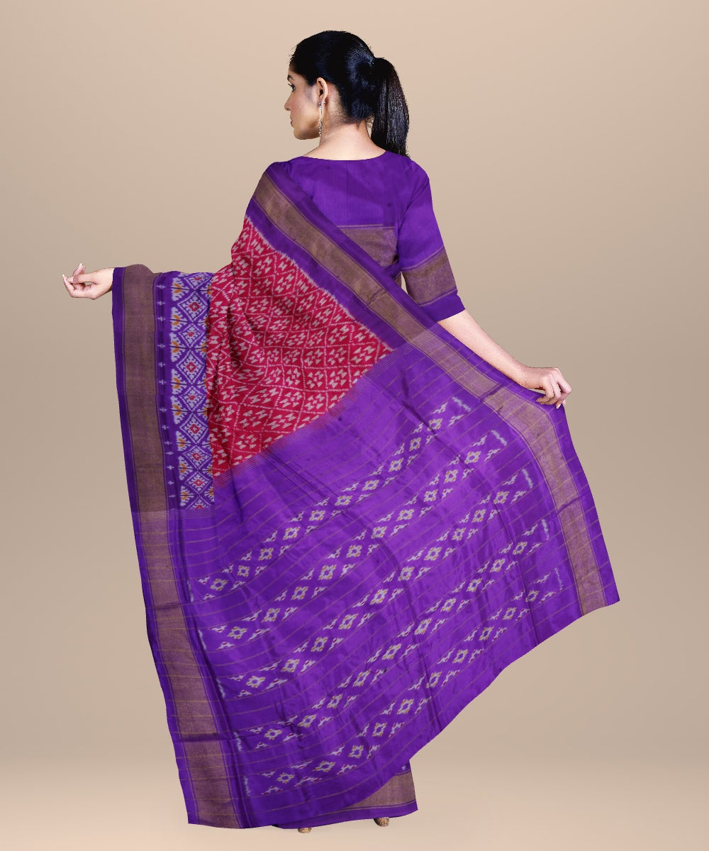 Red iris blue handwoven pochampally ikat silk saree