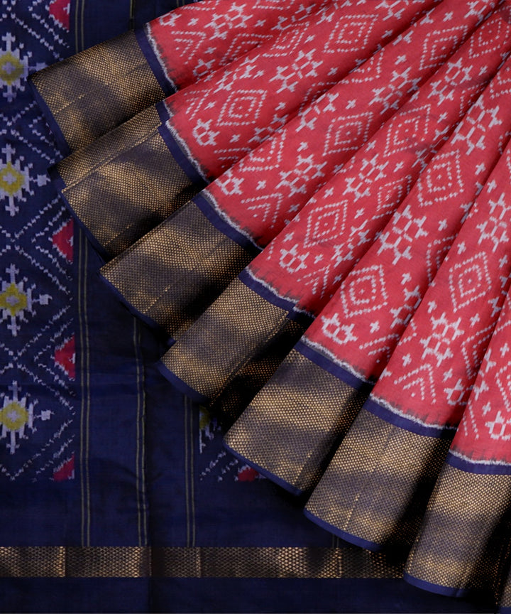 Watermelon pink navy blue handwoven pochampally ikat silk saree